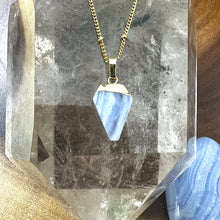 Load image into Gallery viewer, Faceted Shield Blue Lace Agate Minimalist Crystal Pendant 14” + 2&quot; Gold Necklace