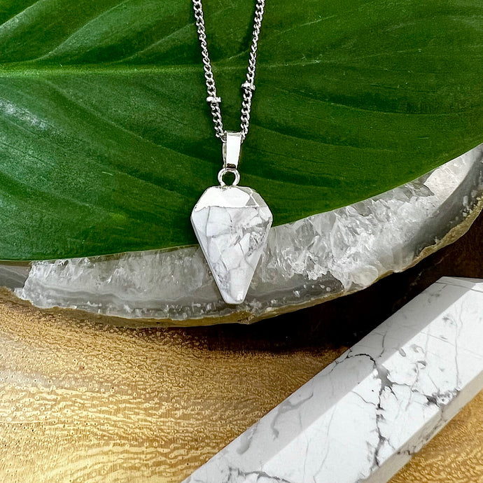 Faceted Shield Howlite Minimalist Crystal Pendant 14” + 2