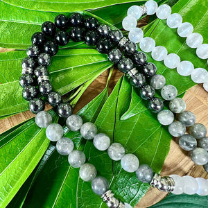 Ombre Collection Energy Transmutation & Earth Roots Selenite Labradorite Hematite Black Tourmaline 108 Stretch Mala Necklace Bracelet