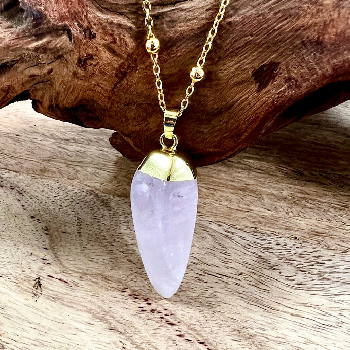 Amplifying Rose Quartz Gemstone XL Wand Point Pendant 30” Gold Necklace