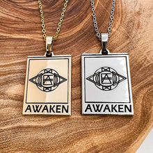 Load image into Gallery viewer, Elizabeth April EA Awaken 2 Sided Channeled &amp; Attuned Evil Eye Protection Cosmic Species Sacred Geometry Card Tag Pendant 18” White Gold Necklace