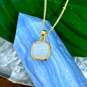 Blue Lace Agate Serenity & Calm Faceted Square Pendant 18" Gold Necklace