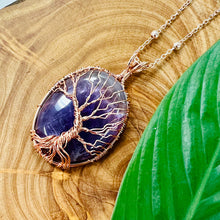 Load image into Gallery viewer, Tree of Life Oval Amethyst Wire Wrapped Large Pendant 30” Rose Gold Necklace