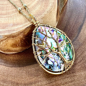 Tree of Life XL Teardrop Abalone Shell Wire Wrapped Pendant 30” Gold Necklace