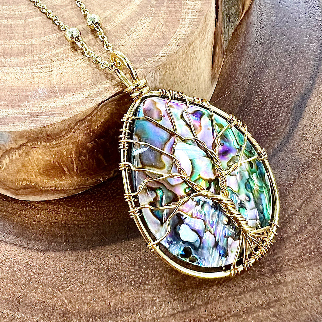 Last 1! Tree of Life XL Teardrop Abalone Shell Wire Wrapped Pendant 30” Gold Necklace