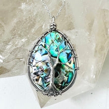 Load image into Gallery viewer, Tree of Life XL Teardrop Abalone Shell Wire Wrapped Pendant 30” White Gold Necklace