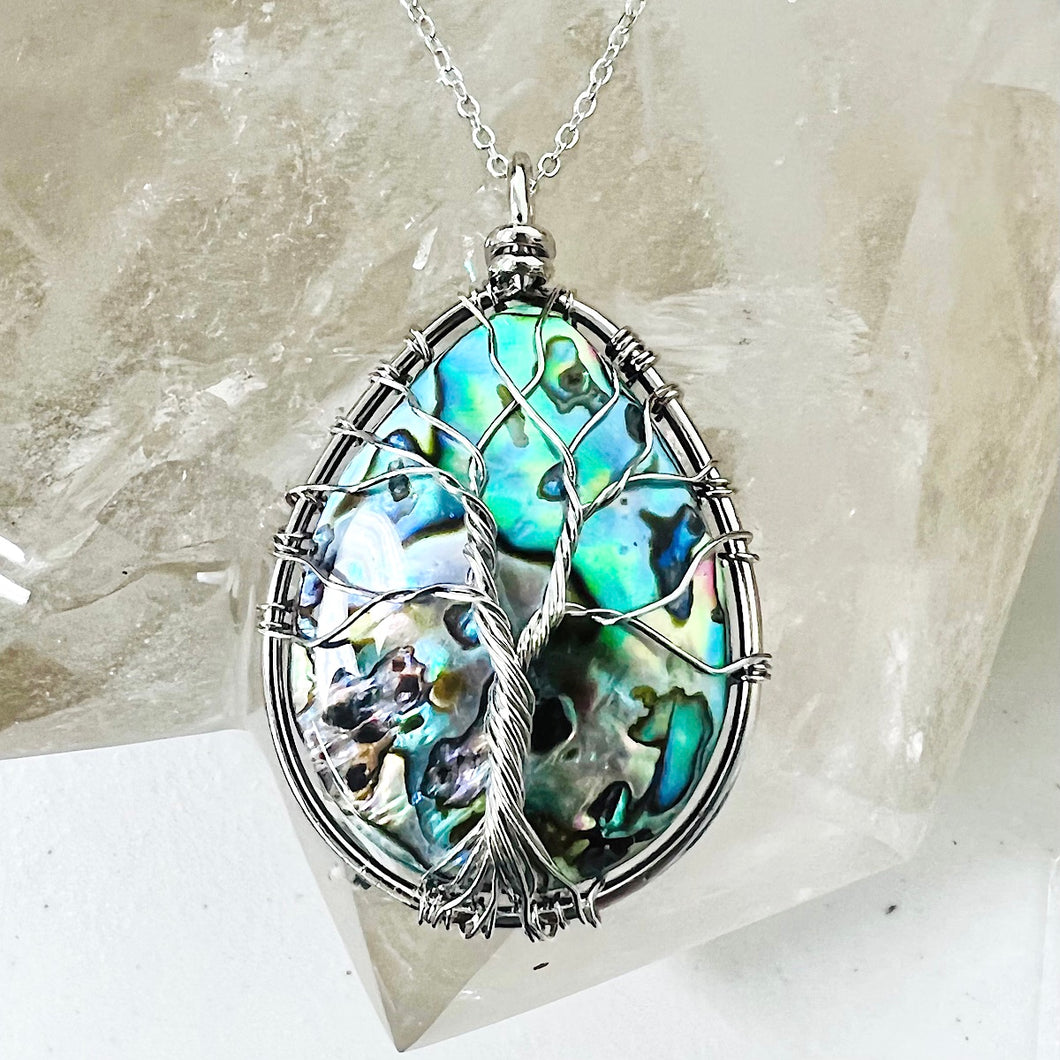 Tree of Life XL Teardrop Abalone Shell Wire Wrapped Pendant 30” White Gold Necklace