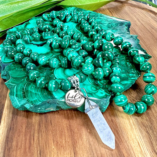 Malachite Heart Activation & Universal Flow Limited Premium Collection 108 Hand Knotted Mala with Point Charm Pendant Necklace