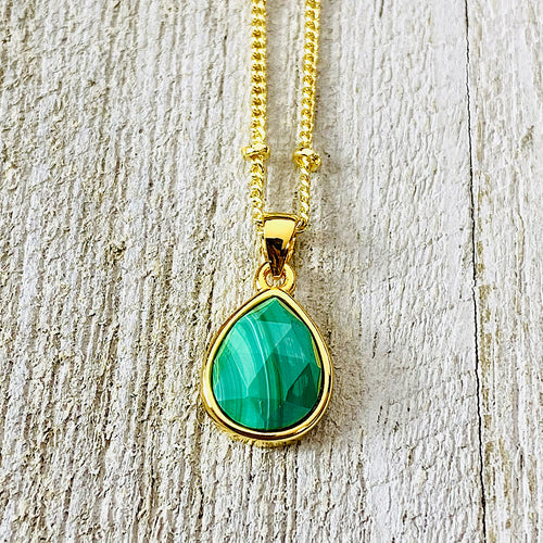 Malachite Power & Transformation Faceted Teardrop Pendant 18” Gold Necklace