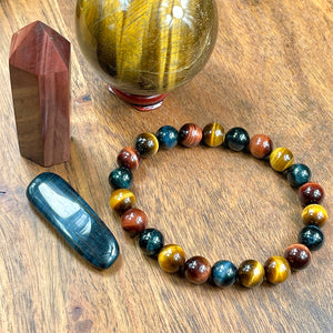 Limited Edition Triple Power Red Tigers Eye Blue Tigers Eye and Yellow Tigers Eye 10mm Stretch Bracelet