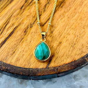 Malachite Power & Transformation Faceted Teardrop Pendant 18” Gold Necklace