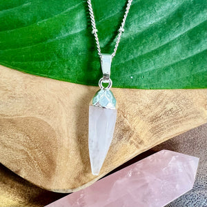 Rose Quartz Long Teardrop All Love Crystal Pendant 18” White Gold Necklace