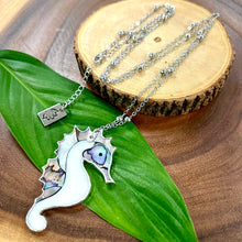 Load image into Gallery viewer, Inner Peace Abalone &amp; Mother of Pearl Seahorse XL Pendant 30” White Gold Necklace