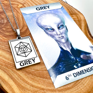 Elizabeth April EA Grey Zeta 2 Sided Channeled & Attuned Evil Eye Protection Cosmic Species Sacred Geometry Card Tag Pendant 18” White Gold Necklace