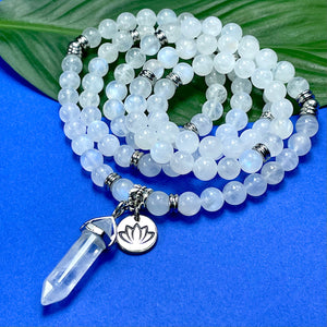 Last 3 in stock! NEW Grade AAA+ Holographic Rainbow Moonstone Miracles & Universal Energy 108 Stretch Mala Necklace Bracelet