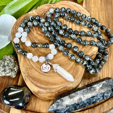 Load image into Gallery viewer, Limited Evil Eye Protection Labradorite Larvakite Pyrite Hematite Selenite Satin Spar 108 Hand Knotted Mala with Point Charm Pendant Necklace