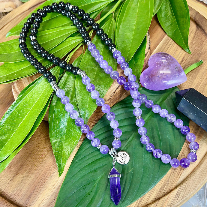 African Amethyst & Elite Shungite Third Eye Purify Premium Collection 108 Mala Necklace Bracelet