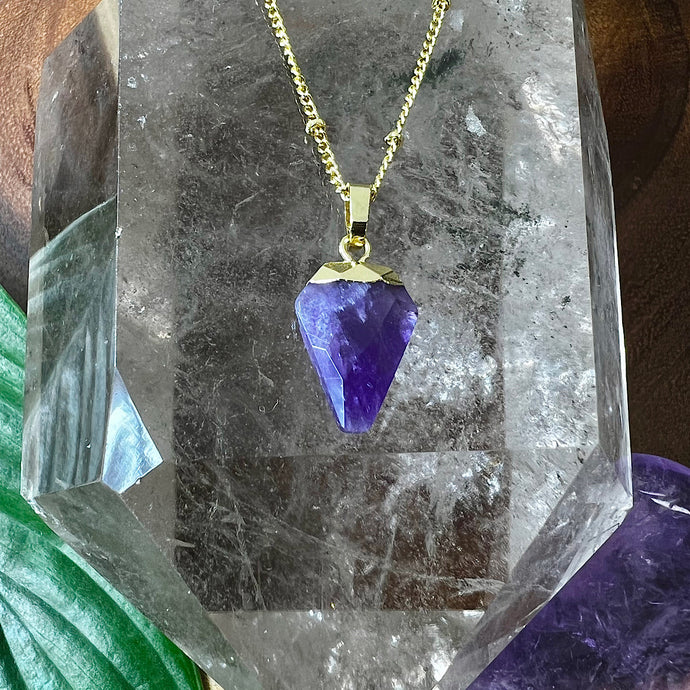 Faceted Shield Amethyst Minimalist Crystal Pendant 14” + 2