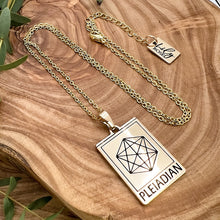 Load image into Gallery viewer, Elizabeth April EA Pleiadian 2 Sided Channeled &amp; Attuned Evil Eye Protection Cosmic Species Sacred Geometry Card Tag Pendant 18” Gold Necklace