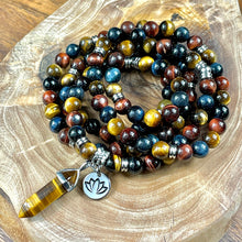 Load image into Gallery viewer, Limited Edition Triple Power Red Tigers Eye Blue Tigers Eye and Yellow Tigers Eye 108 Mala Necklace Bracelet