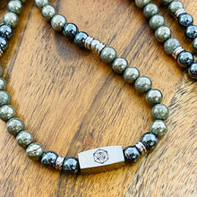 Load image into Gallery viewer, RETIRED - 8mm Elizabeth April Channeled Grey Zeta Sacred Geometry Limited Edition Cosmic Species Stretch Mala Bracelet Necklace