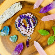 Load image into Gallery viewer, Limited Edition Triple Power Labradorite, Amethyst, Rose Quartz 108 Hand Knotted Mala with Point Charm Pendant Necklace