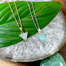 Load image into Gallery viewer, Peruvian Amazonite Mini Triangle Energetic Filter Pendant 18” Gold Necklace