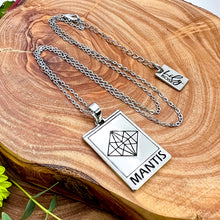 Load image into Gallery viewer, Elizabeth April EA Mantis 2 Sided Channeled &amp; Attuned Evil Eye Protection Cosmic Species Sacred Geometry Card Tag Pendant 18” White Gold Necklace