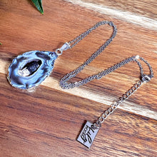 Load image into Gallery viewer, Inner Peace &amp; Protection Druzy Quartz Geode Slice with Black Tourmaline Inside XL Pendant 18&quot; White Gold Necklace