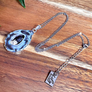 Inner Peace & Protection Druzy Quartz Geode Slice with Black Tourmaline Inside XL Pendant 18" White Gold Necklace