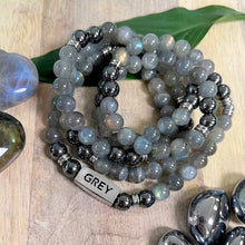 Load image into Gallery viewer, 8mm Elizabeth April Channeled UPDATED - NEW EARTH Grey Zeta Sacred Geometry Limited Edition Cosmic Species Stretch Mala Bracelet Necklace