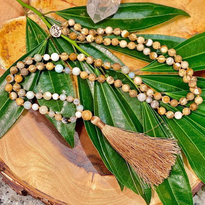 Australian Amazonite & Picture Jasper 108 Hand Knotted Mala with Tassel Necklace