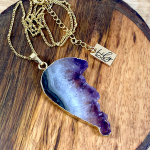 Ethereal Limited Amethyst Angel Wing Sliced Geode Pendant 18” Gold Necklace