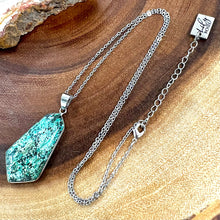 Load image into Gallery viewer, African Turquoise Release &amp; Reawaken XL Shield Gemstone Pendant 18” White Gold Necklace