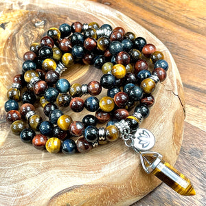 Limited Edition Triple Power Red Tigers Eye Blue Tigers Eye and Yellow Tigers Eye 108 Mala Necklace Bracelet