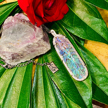 Load image into Gallery viewer, Natural Luxury Abalone Carved Feather XL Pendant 30” White Gold Necklace
