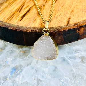 Druzy Quartz Sparkling Mini Geode Triangle Crystal Pendant 18" Gold Necklace