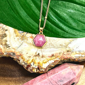 Rhodonite Minimalist Faceted Hexagon Compassion Crystal Pendant 18” Gold Necklace