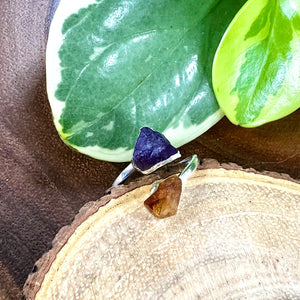 Amethyst & Citrine Duo Power Energetic Manifestation Adjustable White Gold Ring