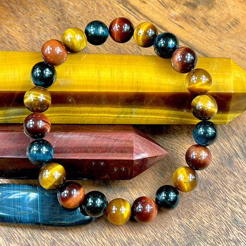 Limited Edition Triple Power Red Tigers Eye Blue Tigers Eye and Yellow Tigers Eye 8mm Stretch Bracelet
