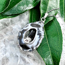 Load image into Gallery viewer, Inner Peace &amp; Protection Druzy Quartz Geode Slice with Black Tourmaline Inside XL Pendant 18&quot; White Gold Necklace