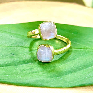 Limited Rainbow Moonstone Miracles & Universal Energy Soft Square Adjustable Gold Ring