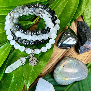 Ombre Collection Energy Transmutation & Earth Roots Selenite Labradorite Hematite Black Tourmaline 108 Stretch Mala Necklace Bracelet