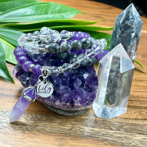 Limited Edition Triple Power Intention Labradorite, Amethyst, Clear Quartz 108 Mala Necklace Bracelet