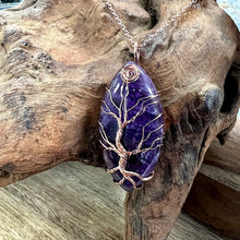 Load image into Gallery viewer, Tree of Life Amethyst Pointed Oval Wire Wrapped Pendant 30” Rose Gold Necklace
