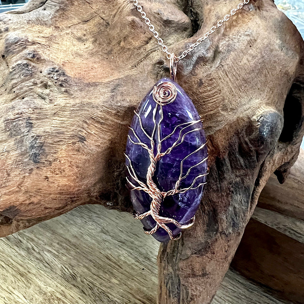 Tree of Life Amethyst Pointed Oval Wire Wrapped Pendant 30” Rose Gold Necklace