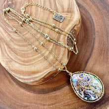 Load image into Gallery viewer, Tree of Life XL Teardrop Abalone Shell Wire Wrapped Pendant 30” Gold Necklace