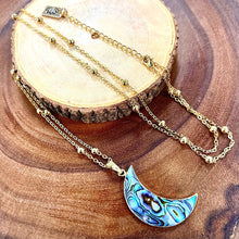 Load image into Gallery viewer, Abalone Shell &amp; Mother of Pearl Peaceful Moon Crescent XL Pendant 30” Gold Necklace