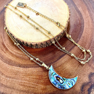Abalone Shell & Mother of Pearl Peaceful Moon Crescent XL Pendant 30” Gold Necklace