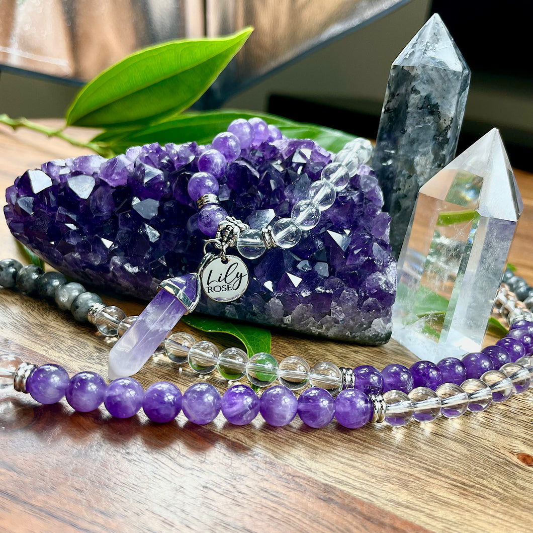 Limited Edition Triple Power Intention Labradorite, Amethyst, Clear Quartz 108 Mala Necklace Bracelet